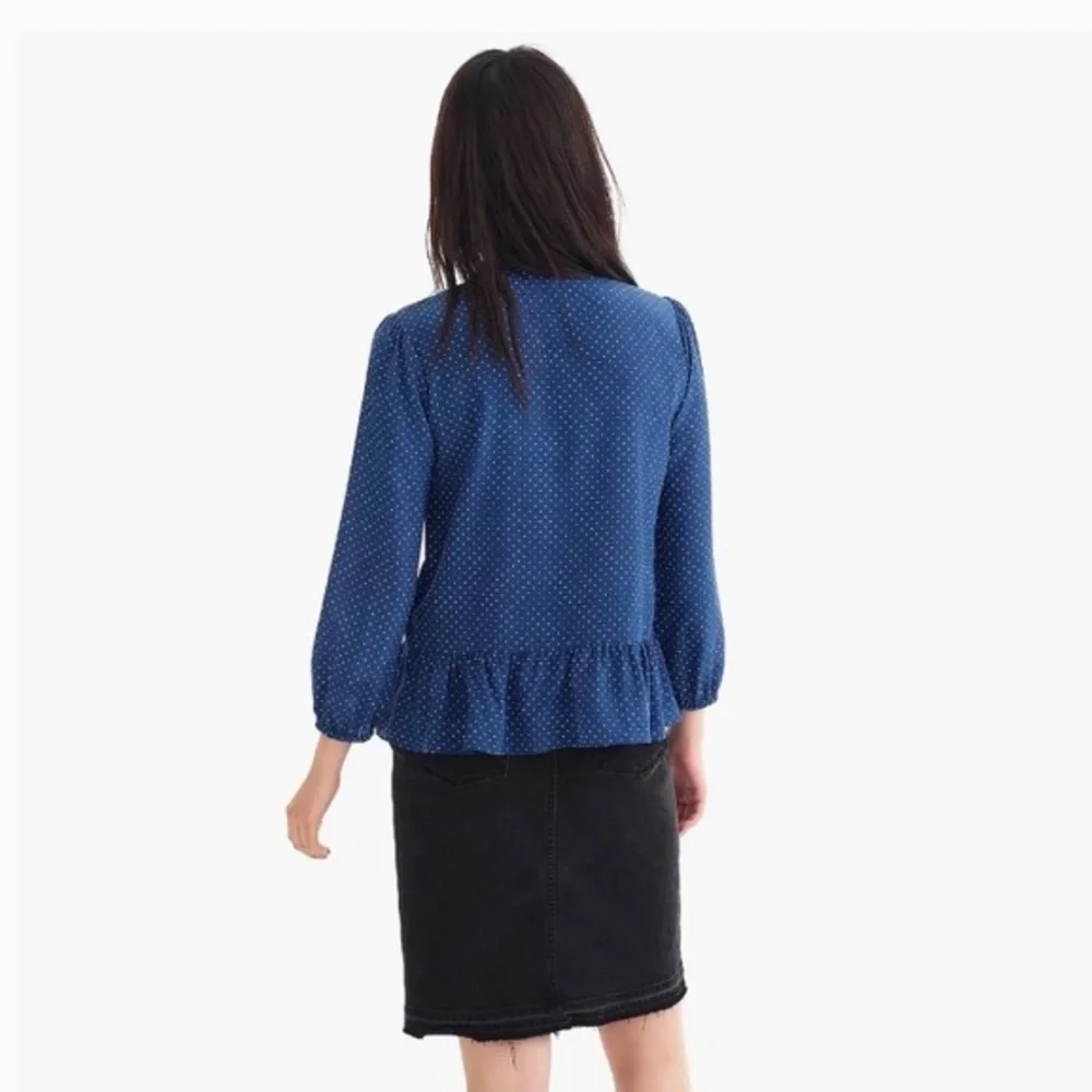 NWT J. Crew 100% Silk Peplum Top in Blue Polka Dot, Size 8